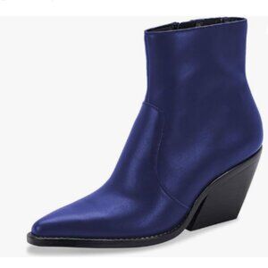 Zszszsu Dark Blue Cowboy Ankle Boots Pointed Toe Chunky Heel Western Short Boot